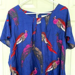 Boden Blue Silk Peacock Bird Print Pleated Short Sleeve Top